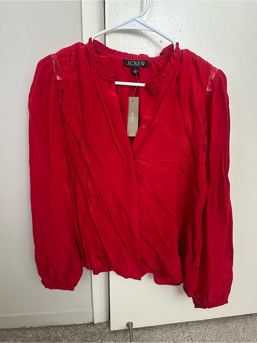 J.Crew Women's Red Lace-Trim Button Front Blouse